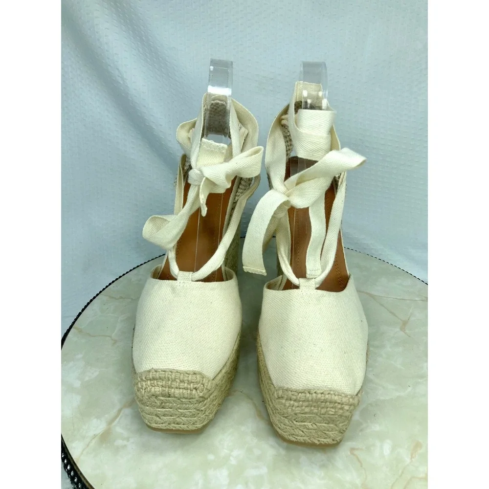 Polo Ralph Lauren Canvas Lace Up Espadrille Wedge Sandals Womens Sz 9 Ivory NWT